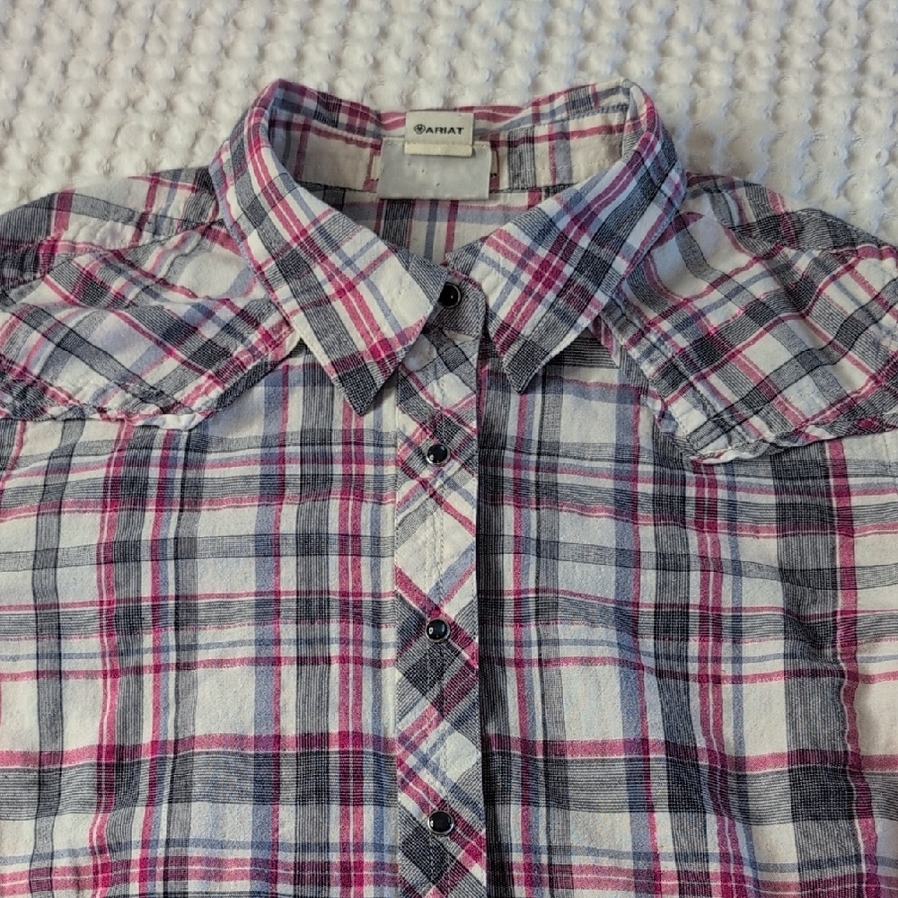 Ariat Women's Plaid Button-Down Shirt - Pink and Gray Embroided Back - Picture 8 of 11